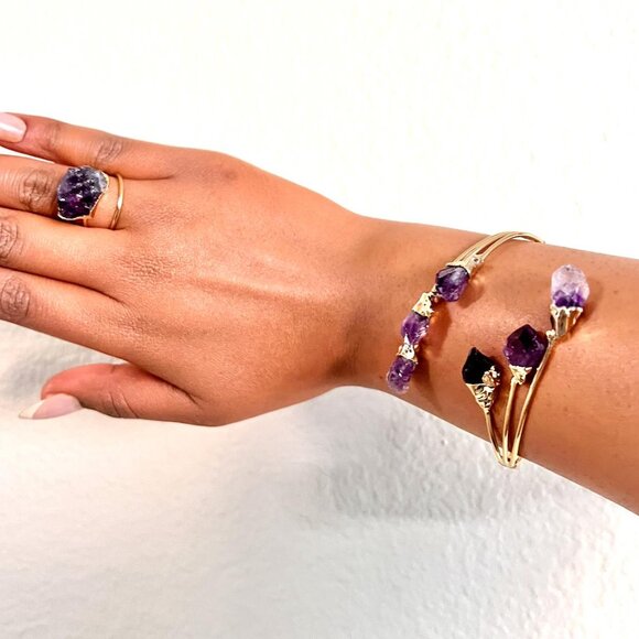 Gold  Amethyst Gemstone Nugget Cuff Bracelet, Ring & Earrings Set - Picture 2 of 4